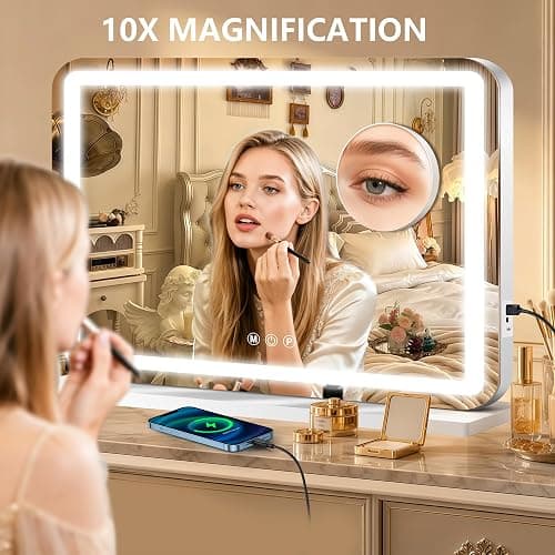 Ratsamee 23" x 18" Vanity Mirror with Lights, Led Lighted Makeup Mirror with 3 Color Dimmable Lights, Touch Control, USB Charging Port, Gifts for Women Wife Teengirls thumbnail 3