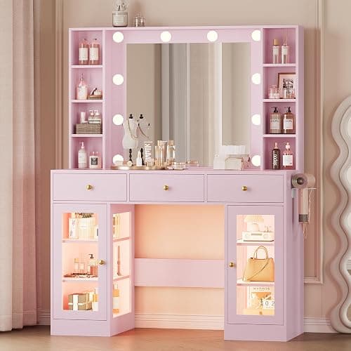 Wodeer Makeup Vanity Desk with Mirror and Lights, Pink Vanity with Glass Top, LED Lights & Power Outlet, 3 Drawers & 2 RGB Glass Cabinets, Adjustable Lighted Dressing Table for Women & Girls Bedroom - Image 1