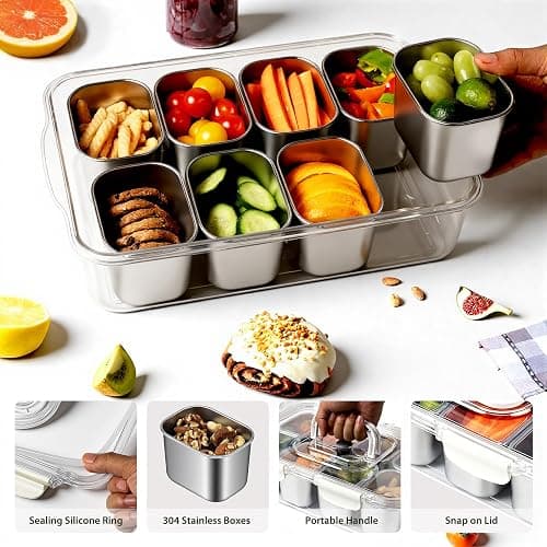Snackle Box Container, Stainless Steel Divided Serving Tray with Lid and Handle, 8 Compartment Portable Snack Platters - Clear Storage Organizer for Fruit Candy Nuts Veggie - Perfect for Travel Party thumbnail 4