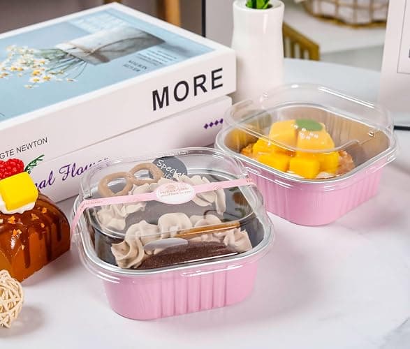 NPLUX 60 Pack Mini Cake Pans with Lids Mini Aluminum Pans, Disposable Loaf Pans Cupcake Liners with Lids for Pudding, Souffle, Party, Wedding, Mothers Day Party Favors(Pink, 10 oz) thumbnail 6