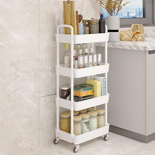 UDEAR 4-Tier Kitchen Rolling Utility Cart,Multifunction Storage Organizer with Handle and 2 Lockable Wheels for Kitchen,Bathroom,Living Room,Office,White thumbnail 2