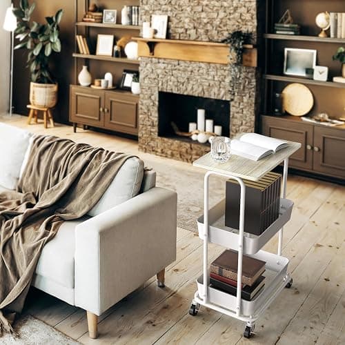 Simple Houseware 2-Tier Rolling Utility Cart with Lockable Wheels and Wood Top, Metal Storage Organizer Trolley for Kitchen, Bathroom, Office, Craft Room, Maple thumbnail 5