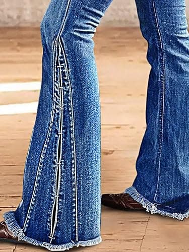 Flamingals Flare Leg Jeans for Women Mid Waist Wash Stretch Raw Hem Bell Bottom Bootcut Denim Jeans thumbnail 2