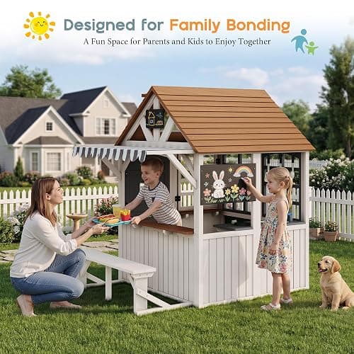 Albott Outdoor Wooden Playhouse with Kitchen Playset, Backyard Cottage Playhouse for Kids with Bench, Awning, Chalkboard, Pet Door and Dutch Door, Pretend Play House for Boys and Girls Ages 3-8 thumbnail 6