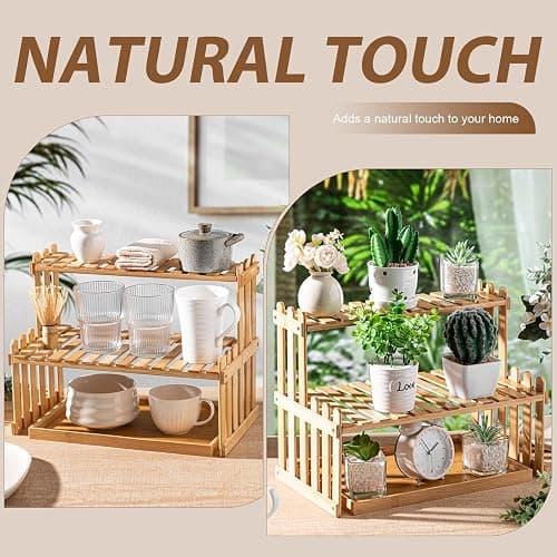 Kathfly 14.6 2-Tier Matcha Station Shelf Stand with 13 Bamboo Matcha Tea Serving Tray Coffee Station Organizer Coffee Bar Storage Rack Mug Holder Countertop for Tea Desktop Flower Pot Cup Display thumbnail 7