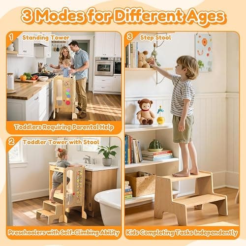 FlyingBoom Foldable Toddler Tower, Kitchen Stool Helper with 2 Step Stool, Toddler Standing Tower for Kids with Safety Net, Adjustable Height, Chalk-Whiteboard &Montessori Activity Games thumbnail 4