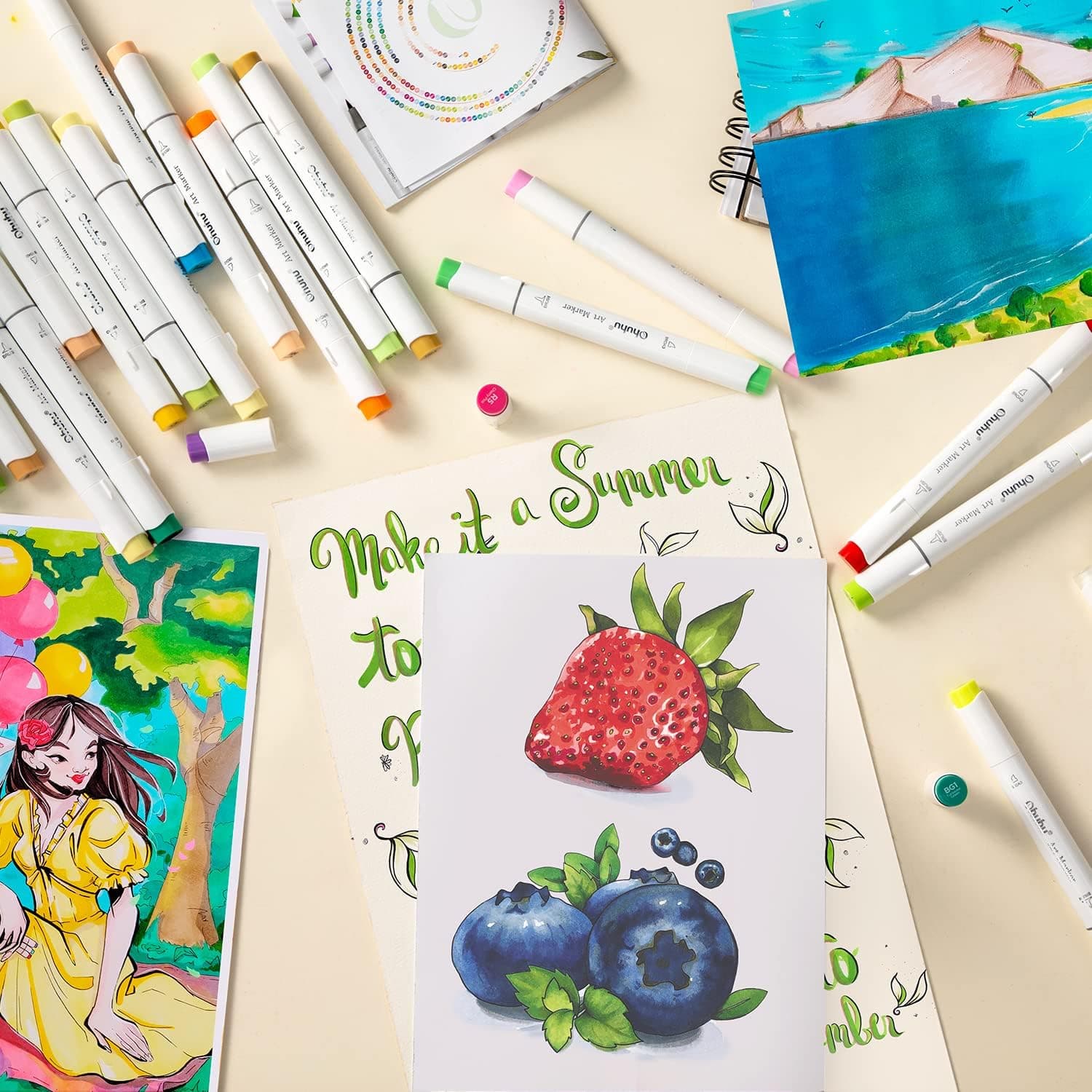 Ohuhu Alcohol Art Markers Set, 216-color Double Tipped Brush & Chisel Sketch Marker, Alcohol-based Brush Markers, Comes w/ 1 Blender for Sketching, Adult Coloring, and Illustration -Honolulu Series thumbnail 2