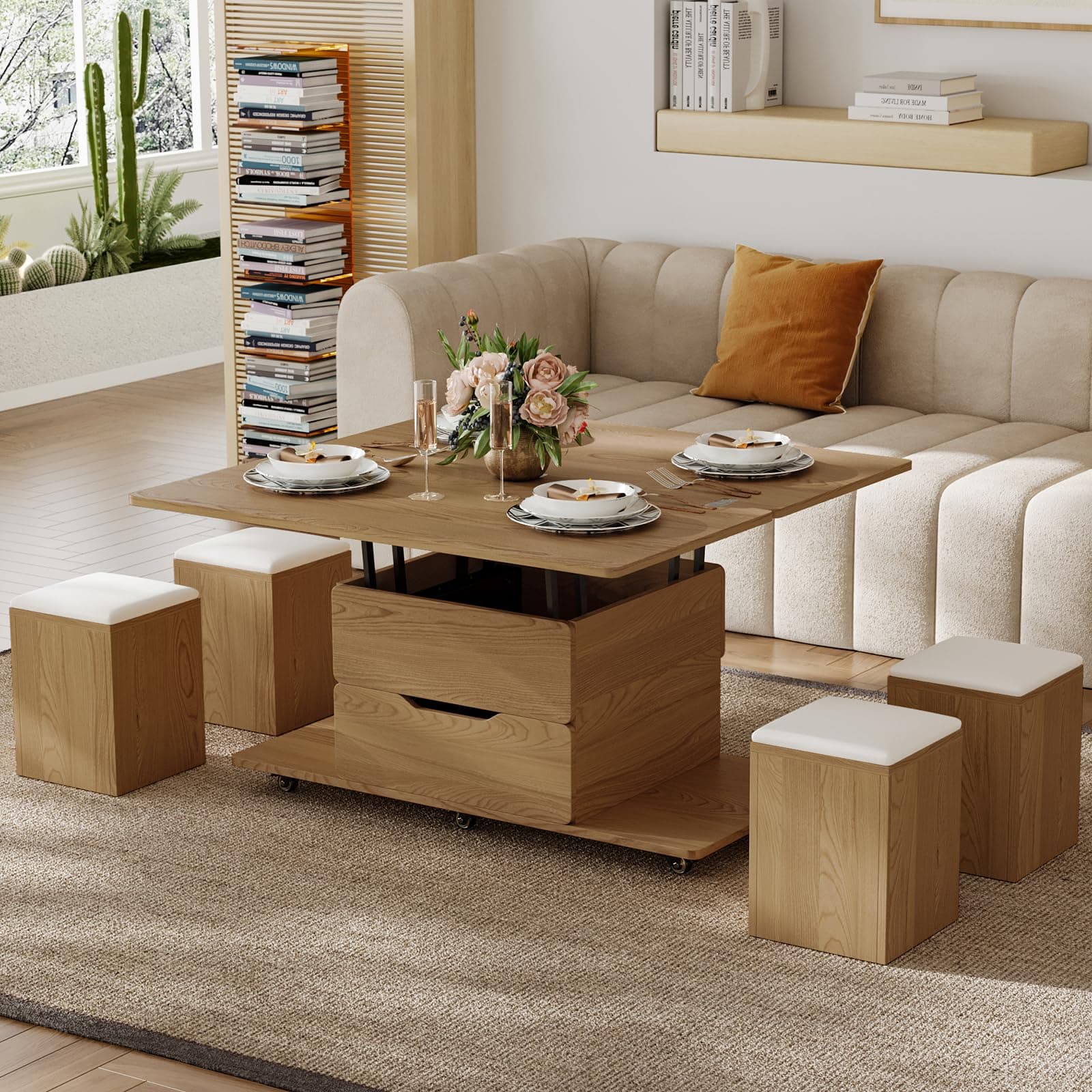 Homary Lift-up Wooden Coffee Table with 4 Hidden Soft Chairs, Hydraulic Swivel, Extendable Dining & Work Table, Built-in Storage, Space-Saving for Living Rooms & Flats - Image 1
