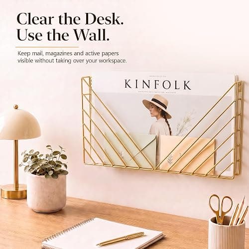 Home Office Magazine Rack, 2 Pack Wall File Organizer with 4 No-Drill Adhesive Hooks, Gold Metal Wall Mounted Magazine Holder for Mail, Folders, Papers and Reading Materials in Entryway, Living Room thumbnail 3