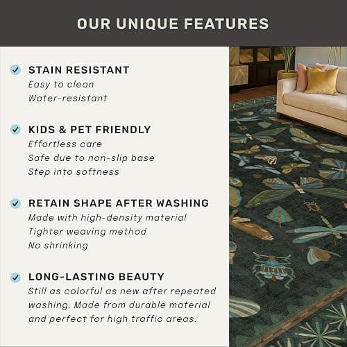 Dark Green 4x6 Washable Area Rug for Living Room, Bedroom, Large Entryway, Kitchen, Ultra Soft Non Slip Stain Resistance, Floral Forest with Brown Aethestic Design thumbnail 7