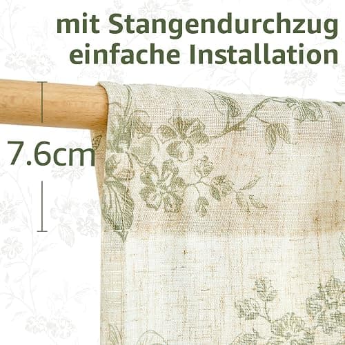 TOPICK Rideaux en lin, 65 x 60 cm avec motif floral, style champêtre, semi-transparent, pour printemps, cuisine, set de 2 pièces, vert sur blanc thumbnail 6