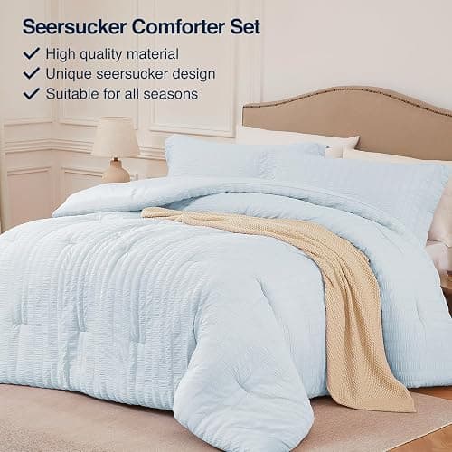 Quataly SkyBlue Queen Comforter Set - 3 Pieces Seersucker Lightweight Bedding Comforter Sets (1 Soft Fluffy Comforter & 2 Pillowcases) - All Seasons Cozy Modern Bed Sets thumbnail 2