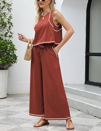 Ynhonra Women’s 2 Piece Lounge Set Sleeveless Tank Top & Wide Leg Pants Contrast Trim Relaxed Casual Matching Outfit thumbnail 5