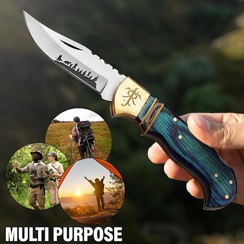 Huntex 3.25" Folding Pocket Knife, 420HC Blade, Pakka Wood Handle, Brass Lord of the Rings Symbol, EDC Tactical Knife with Gift Locket, Ideal for Camping, Survival, and Gifts (Blue Sheath) thumbnail 6
