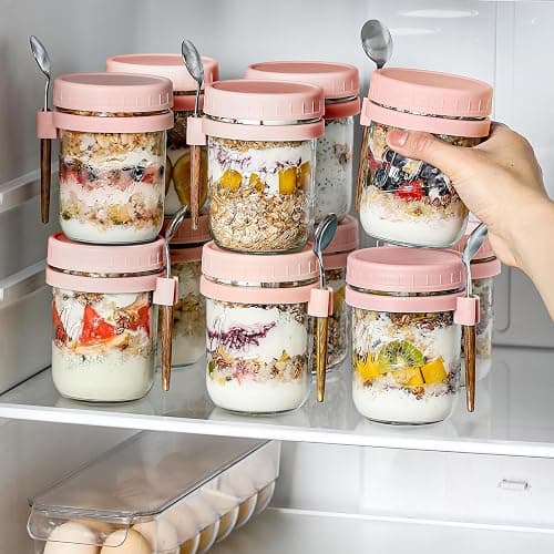 6 Pack Overnight Oats Containers with Lids and Spoons, 16 oz Glass Mason Overnight Oats Jars, Large Capacity Airtight Jars for Milk, Cereal, Fruit(Pink) thumbnail 6