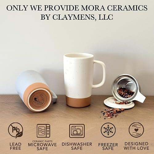 Mora Ceramics Large Tea Mug with Loose Leaf Infuser and Ceramic Lid, 18 oz, Portable, Microwave and Dishwasher Safe, Tall Coffee Cup - Rustic Matte Ceramic Glaze, Modern Herbal Tea Strainer, Cotton thumbnail 5