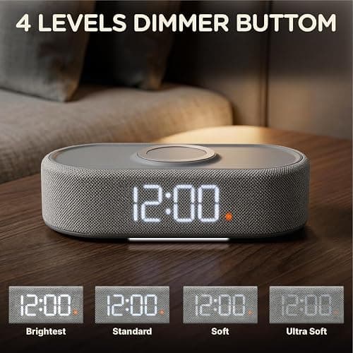Lumoday Fabric Digital Alarm Clock for Bedroom, Wireless Charging, Beige | Wireless charging, USB-C port, dual alarm, 30-min snooze, dimmable display, ambient light, battery backup, bedside use thumbnail 6