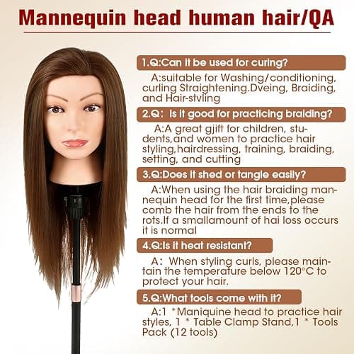 100% Mannequin Head Human Hair,22" Dark Brown Real Hair Cosmetology Mannequin Manikin Head Hair Styling Hairdressing Practice Training Doll Head with Clamp Holder and Tools thumbnail 7