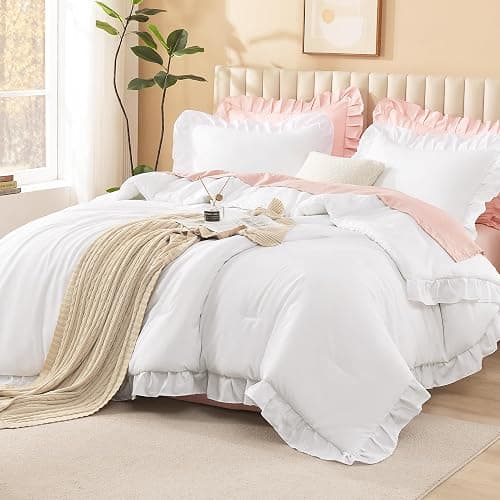 Litanika White Comforter Queen Size Set, 3 Pieces Ruffle Shabby Chic Farmhouse Women Vintage Aesthetic Bedding Set & Collections, Winter Fluffy Microfiber thumbnail 2