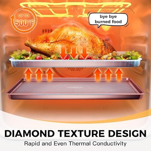 HONGBAKE Baking Sheet Pan Set, Cookie Sheets for Oven, Nonstick Half/Quarter/Jelly Roll Pans with Diamond Texture Pattern, Heavy Duty Cookie Tray, Pink thumbnail 6