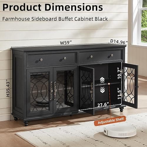 Joaxswe Farmhouse Sideboard Buffet Cabinet with Storage,59" Large Credenza with 4 Glass Doors & 2 Drawers,Adjustable Shelves Console Table,Wood Kitchen Coffee Bar for Dining Room,Living Room,Black thumbnail 2