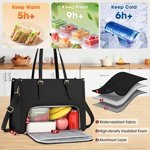 Lunch Tote Bag for Women 15.6 Inch Laptop Bag with Insulated Lunch Compartment Leather Quilted Computer Tote for Teacher Work thumbnail 3