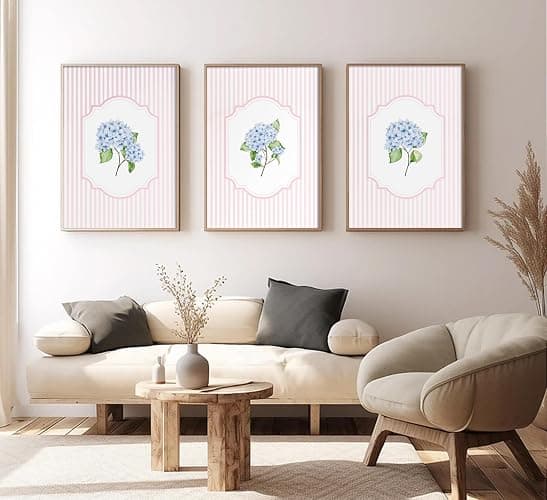 Blue Hydrangea Wall Art Pink Striped Rustic Farmhouse Floral Pictures Wall Decor Cottagecore Botanical Posters Vintage Grandmillenial Flower Painting Print Artwork for Girls Room Dorm, Unframed thumbnail 2