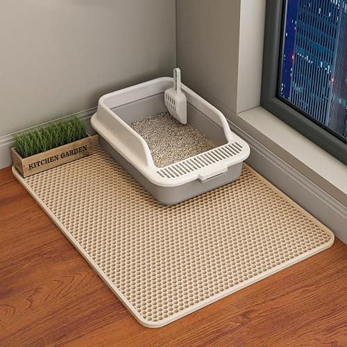 HCY&WLD Cat Litter Mat, 45x26/35x24/30x22/24x18 Inch Double Layer Cat Litter Box Mat, EVA Non-Slip, Waterproof Urine Proof Cat Litter Catcher Mat, Easy Clean Scatter Control (30x22 Inch, Khaki) - Image 1