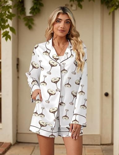 SHESHOW Satin Pajama Set for Women Button Down Long Sleeve Top and Shorts Loungewear Set Funny Print Sleepwear XS-XXL thumbnail 7