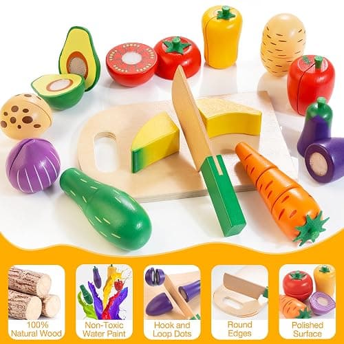 Wooden Play Food Set for Kids Kitchen | Cutting Veggies & Fruits Toy Food Set with Storage Case & Bag, Play Kitchen Accessories, Pretend Play Food for Toddlers 3+ thumbnail 4