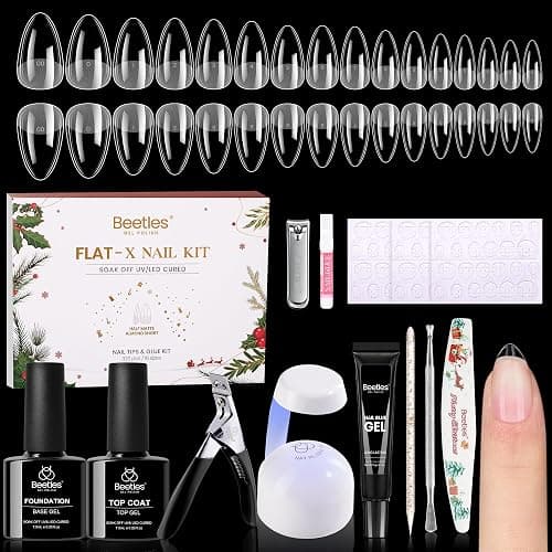 Beetles Gel Nail Kit Flat-X, Almond Short, 320pcs 16 Sizes, with 15g Hands-free Solid Nail Glue Gel, Mini Lamp, Christmas Limited Set, Pre-Etched Half Matte Nail Extension Set for Home DIY - Image 1