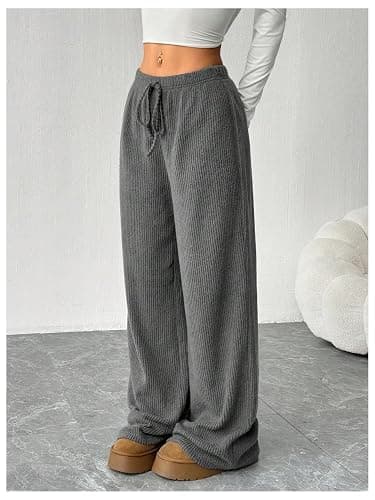 OYOANGLE Women's Ribbed Knit Drawstring Waist Straight Leg Pants Comfy Lounge Trousers thumbnail 3