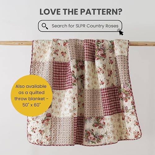 SLPR Country Roses Patchwork Cotton Pieced Quilt Set - Twin Size with 1 Sham, French Country Style Floral Bedding, Red Rose Farmhouse Quilted Bedspread with Flower Pattern thumbnail 8