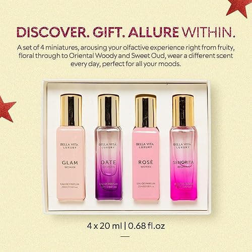 BellaVita Luxury Women's Perfume Gift Set (4x20ml) | Notes of Floral, Sweet, Spicey Red Fruit, Vanilla & Musk | DATE, SENORITA, GLAM & ROSE | French Parfum Collection Gift Set thumbnail 5