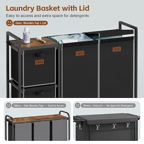 Hoctieon 4 Section Laundry Cart, 48 Gal. (182L) Laundry Hamper with Lid, Laundry Basket with Wheels, Rolling Laundry Sorter Organizer with Shelf, Clothes Separator with Removable Bags, Black thumbnail 4