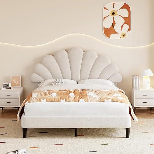 BTM Upholstered Double Bed 4FT6-135x190cm, Double Bed Frame with Adjustable Petal-like Headboard and Solid Wood Slat, Velvet, Beige - 135x190cm - Beige thumbnail 3