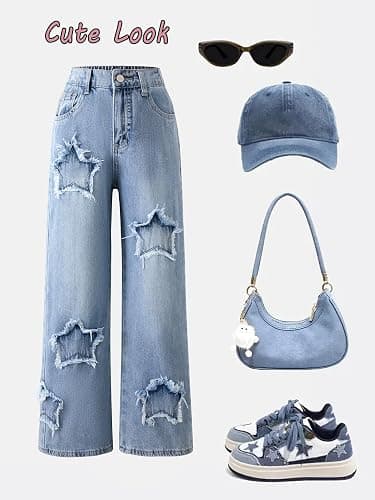 Fulihug Jeans for Girls Baggy Wide Leg Cute Bow High Elastic Waisted Denim Pants Y2K Boyfriend Skater Streetwear 7-14Y thumbnail 4