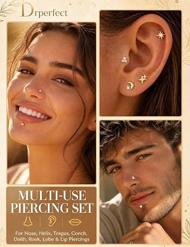 Drperfect 16G 18G Flat Back Stud Earrings for Women | Hypoallergenic Surgical Steel Internal Thread Stud Piercing Jewelry for Tragus Helix Cartilage Conch Nose Lip Medusa Piercing thumbnail 2