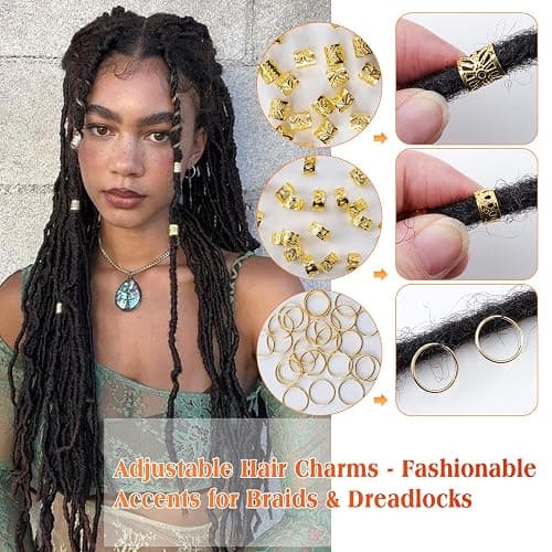 100 Pcs Gold Hair Jewelry for Braids, Gold Hair Cuffs | 4 Styles Dreadlock Accessories, Adjustable Metal Hair Clips, Hair Rings Braiding Decorations for Women Men thumbnail 4