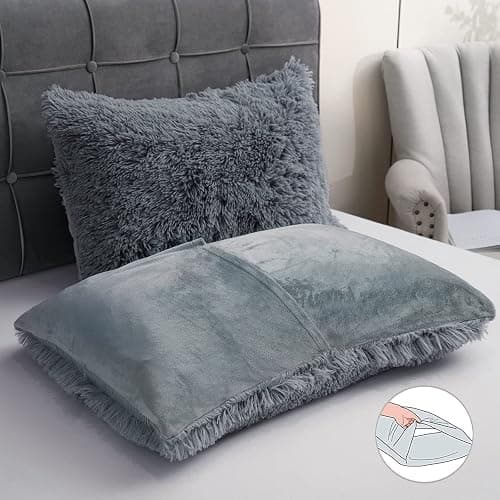Fluffy Plush Duvet Cover Set , Luxury Ultra Soft Velvet Fuzzy Comforter Cover Bed Sets 4Pcs(1 Faux Fur Duvet Cover + 2 Pillow Cases + 1 Cover) Zipper Closure (Queen, Dark Gray) thumbnail 4