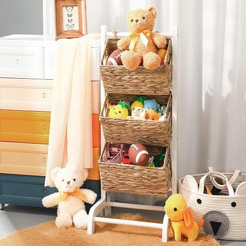 Menkxi Wicker 3 Tier Foldable Storage Basket Floor Rack with Market Storage Basket Water Hyacinth Storage Rack Hand Woven Laundry Rack for Bathroom Kitchen Laundry Room Living Room Storage(White) thumbnail 2