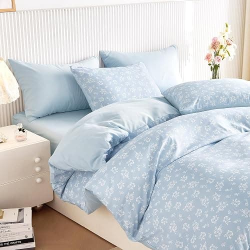 Wake In Cloud - Floral Comforter Set, Coquette Cottagecore Aesthetic Flower Shabby Chic Pattern for Women Teen Girls, Soft Lightweight Bedding, 3 Pieces, Light Blue, Twin/Twin XL Size thumbnail 3
