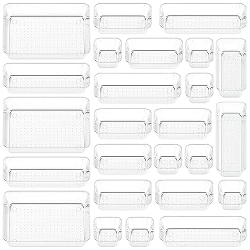 KITCHEN MONSTER 25 Pack Clear Drawer Organiser Set, 4 Size PET Storage Trays with Anti Slip Design, Stackable Drawer Dividers for Makeup, Bathroom, Kitchen and Office - Image 1