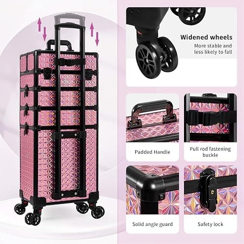 AROUS 5 in 1 Rolling Makeup Train Case Cosmetology Case on Wheels Large Cosmetic Organizer Travel Cart for Hairstylist Artist Nail Beauty Salon Barber,Pink thumbnail 7