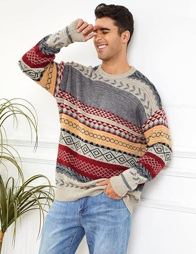 VDWIP Mens Knit Sweater Grandpa Vintage Knitted Sweaters Oversized Striped Spring Pullover Casual Long Sleeve Pullovers thumbnail 5