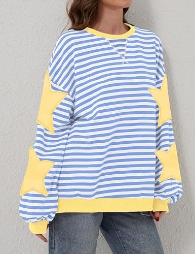 TERIVEEK Women Oversized Striped Color Block Long Sleeve Crew Neck Sweatshirt Casual Loose Pullover Y2K Shirt Top thumbnail 3