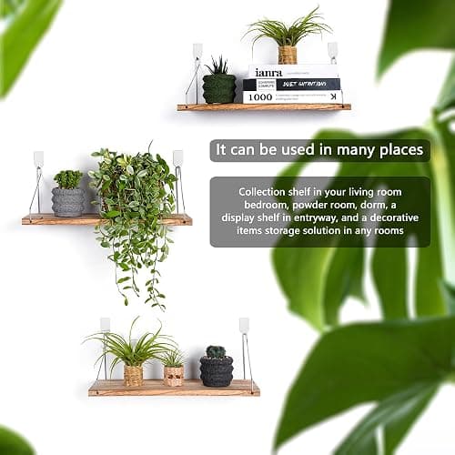 MITIME Floating Shelves Set of 3 Rustic Solid Wood Floating Shelf Wall Storage Shelves for Living Room, Bedroom, Bathroom, Kitchen Laundry, Office,no Drill Shelf(Light Color L+L+L) thumbnail 4