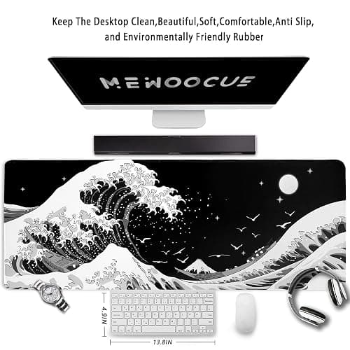 MEWOOCUE® Gaming Mouse Pad for Desk,Large Sea Wave Mousepad Laptop,Black White Japanese Anime Mouse Mat,Long XXL Waterproof Keyboard Pads,Big Non-Slip Mouse Pads for Game Office Home（31.5 x 11.9 in） thumbnail 2