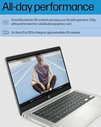 HP Chromebook 14 Laptop, Intel Celeron N4120, 4 GB RAM, 64 GB eMMC, 14" HD Display, Chrome OS, Thin Design, 4K Graphics, Long Battery Life, Ash Gray Keyboard (14a-na0226nr, 2022, Mineral Silver) thumbnail 4