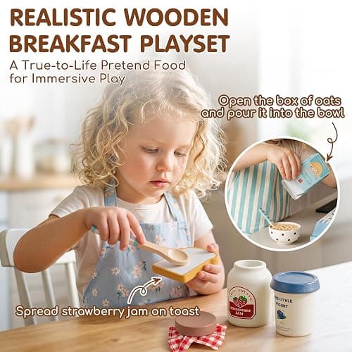 Lehoo Castle Wooden Play Food Set - Montessori Cutting Fruit Egg Bread, Pretend Breakfast Food Toys for Kids Kitchen, Educational Toddler Toys 3-5 Years, with Storage Bag, Birthday Gift for Boys Girls thumbnail 5